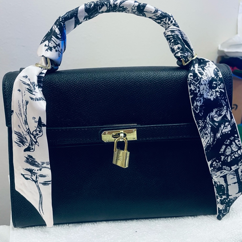 Elegant Black Handbag with Scarf Detail Kelly